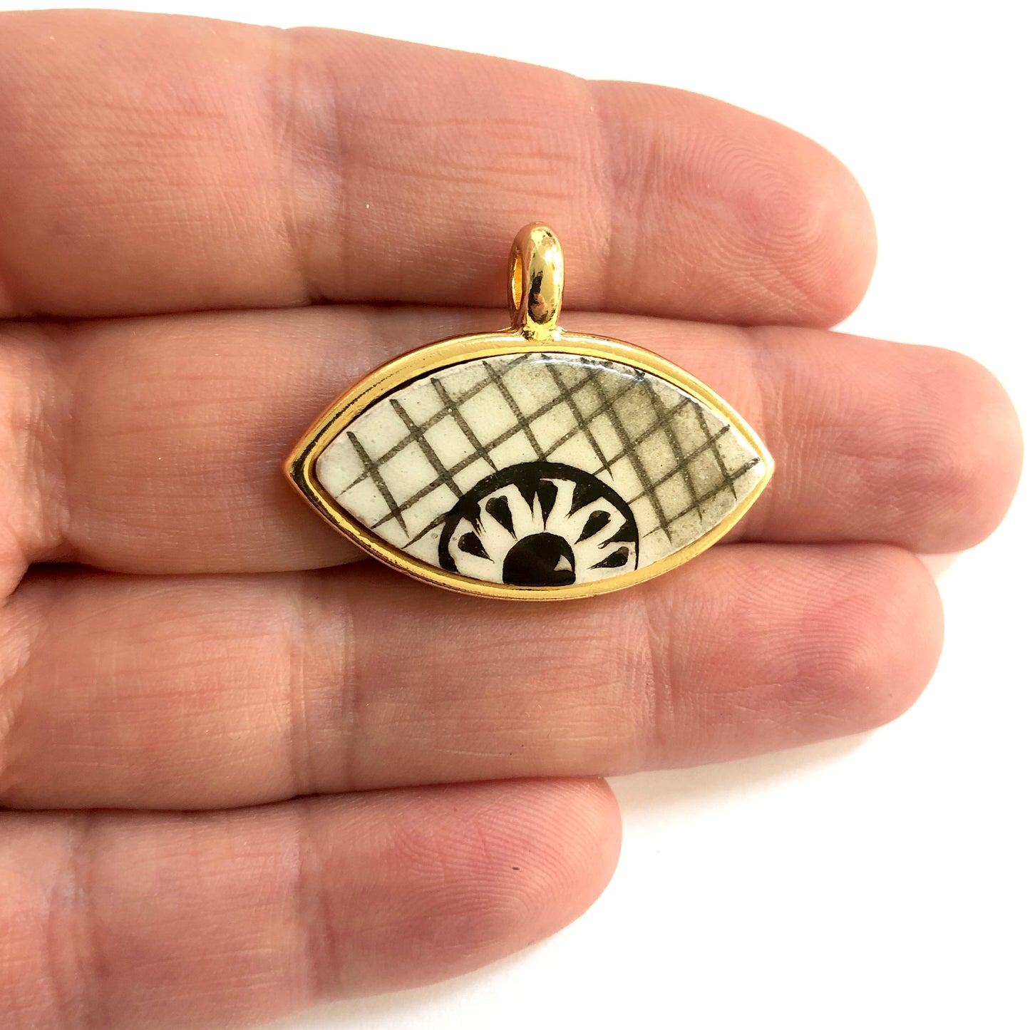 Gold Plated Framed Hand Painted Ceramic Eye Pendant-5