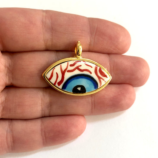 Gold Plated Framed Hand Painted Ceramic Eye Pendant-5