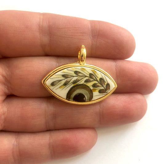 Gold Plated Framed Hand Painted Ceramic Eye Pendant-5