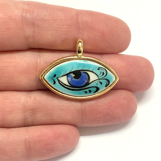 Büyük Altın Kaplama Çerçeveli El Boyaması Seramik Göz Kolye Ucu-101