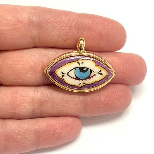 Büyük Altın Kaplama Çerçeveli El Boyaması Seramik Göz Kolye Ucu-107