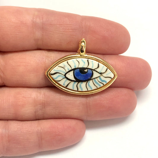 Büyük Altın Kaplama Çerçeveli El Boyaması Seramik Göz Kolye Ucu-108