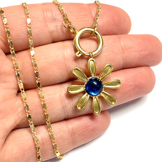 Altın Kaplama Taşlı Papatya Kolye Ucu - Lacivert