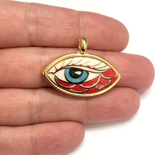 Large Gold Plated Framed Hand Painted Ceramic Eye Pendant-001