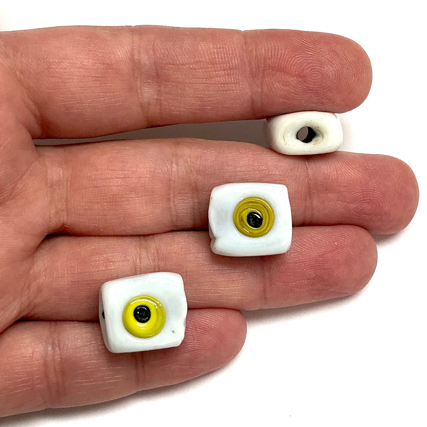 Dikdörtgen Cam Nazar Boncuk- Beyaz-Sarı