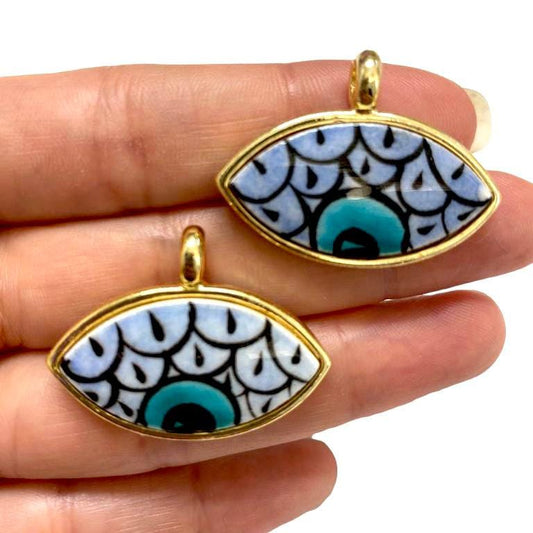 Large Gold Plated Framed Hand Painted Ceramic Eye Pendant-022