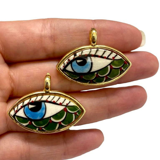 Large Gold Plated Framed Hand Painted Ceramic Eye Pendant-023