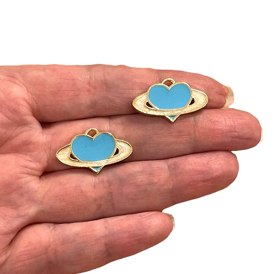 Gold Plated Enamel Saturn Heart - Blue