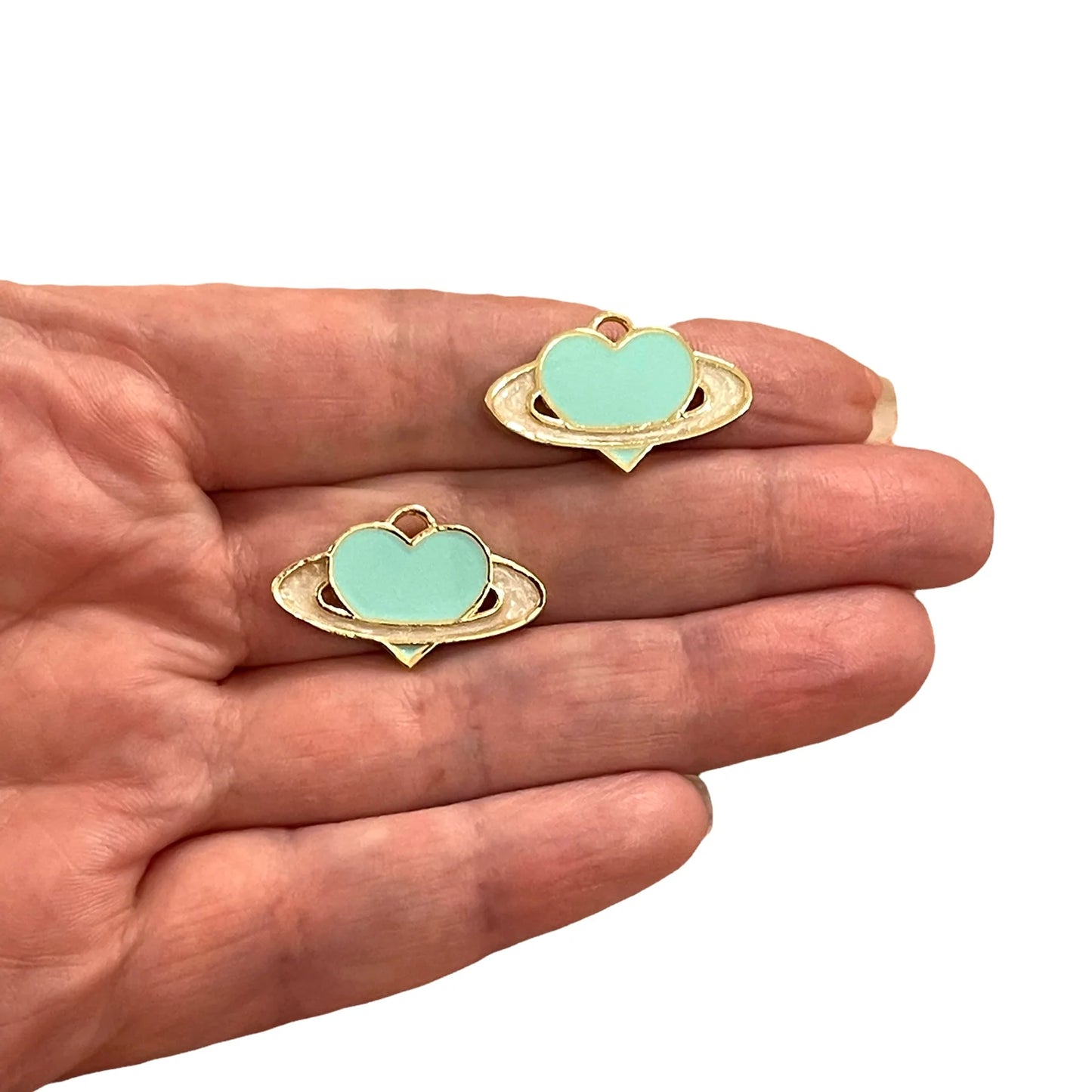 Gold Plated Enamel Saturn Heart - Mint