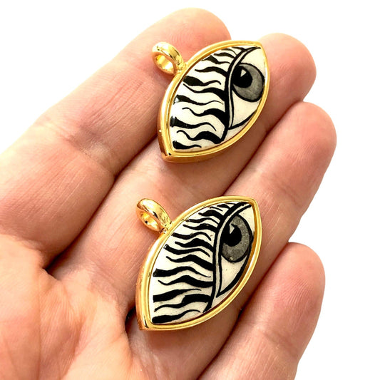 Large Gold Plated Framed Hand Painted Ceramic Eye Pendant-008