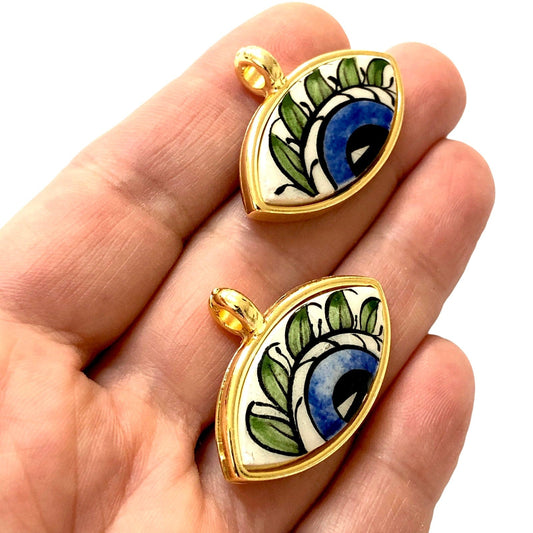 Large Gold Plated Framed Hand Painted Ceramic Eye Pendant-007