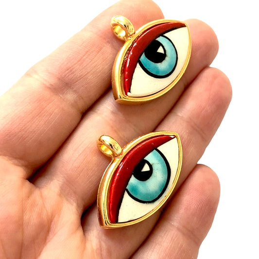 Large Gold Plated Framed Hand Painted Ceramic Eye Pendant-004