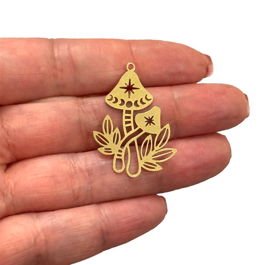 Raw Brass Mushroom Pendant (Raw Brass Phases of Moon on Mushroom Charm,Laser Cut Phases of Moon on Mushroom Charm)