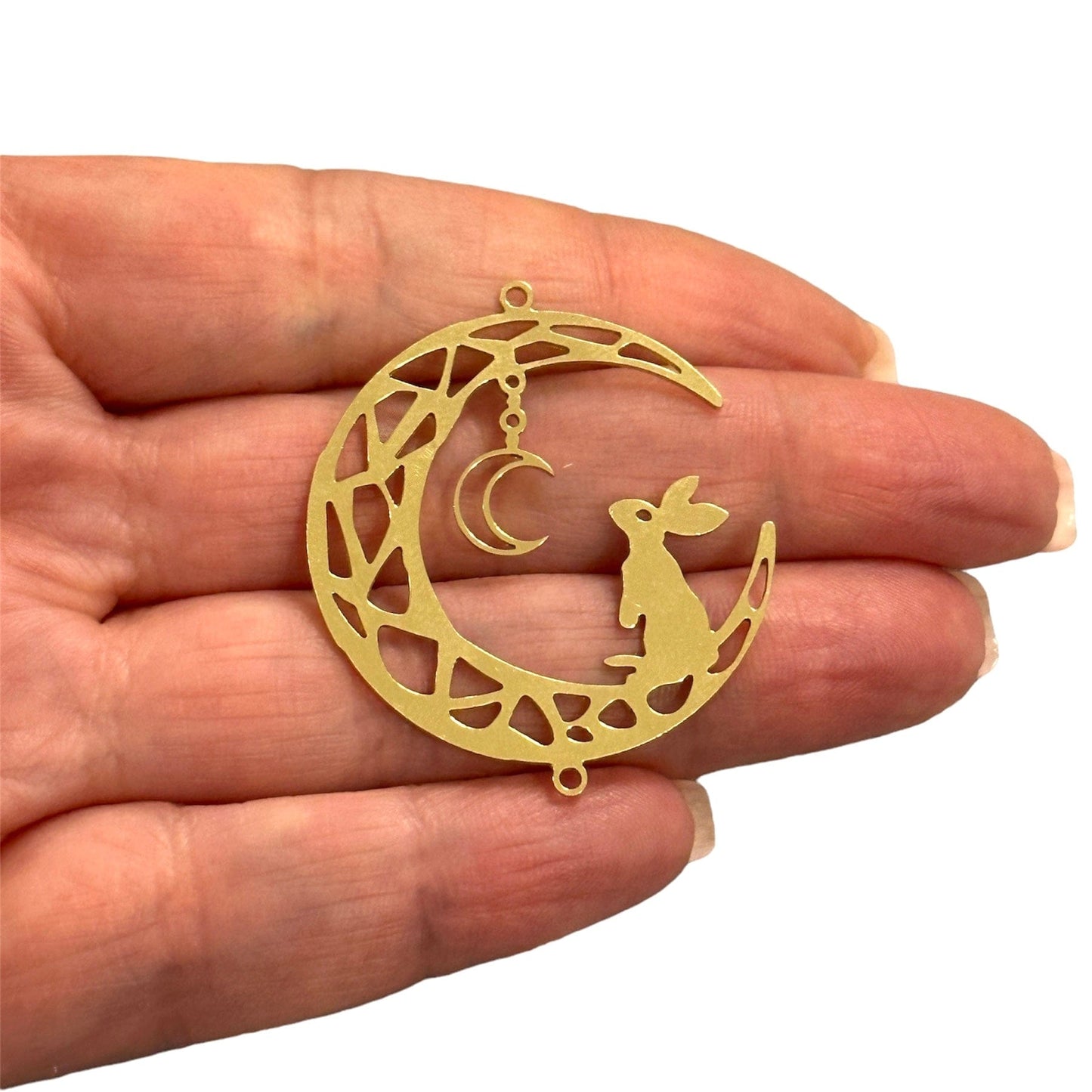 Ham Pirinç Tavşan ve Ay (Raw Brass Rabbit and Moon Charm, Laser Cut Rabbit and Moon Charm)