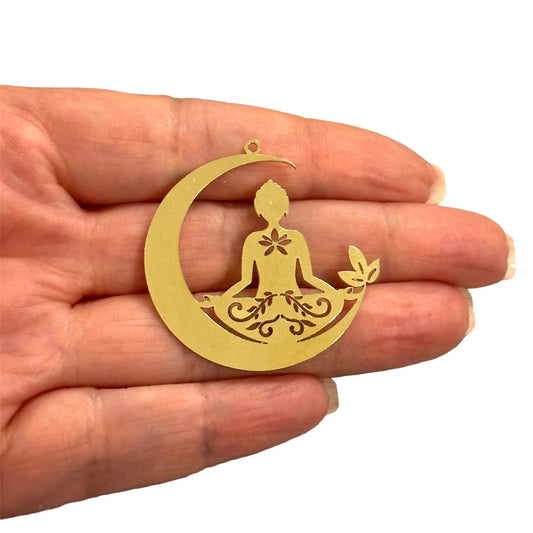 Raw Brass Yoga Girl Pendant (Raw Brass Yoga Girl Crescent Charm, Laser Cut Yoga Girl Crescent Charm)