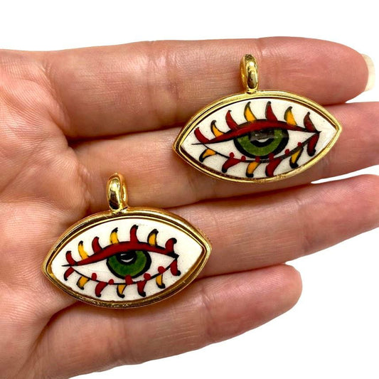 Large Gold Plated Framed Hand Painted Ceramic Eye Pendant-020