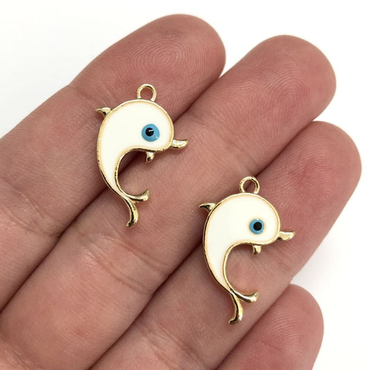 Gold Plated Enamel Dolphin Rocking Attachment - White