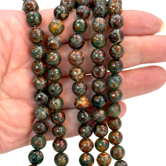 Tibet Akik Dzi Boncuk – 8mm Yuvarlak, Yaklaşık 48 Adet (Yeşil-Bronz Tonlar)