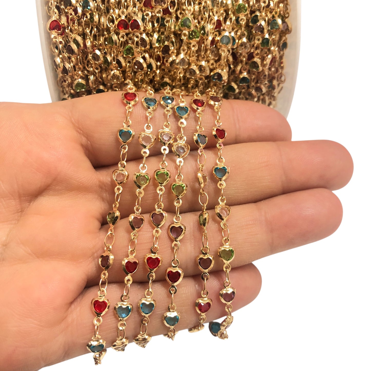 Altın Kaplama Kalp Taşlı Zincir Dik Delikli -Mini  Mix