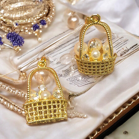 Pirinç Üzeri Altın Kaplama İncili Sepet Kolye Ucu