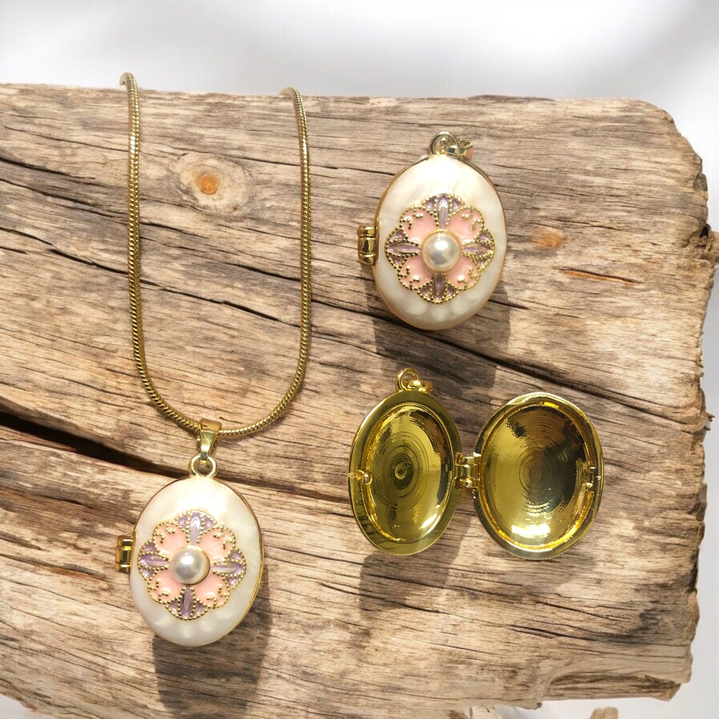 Altın Kaplama Zirkon Taşlı  Açılabilir Kolye Ucu - İncili Çiçek