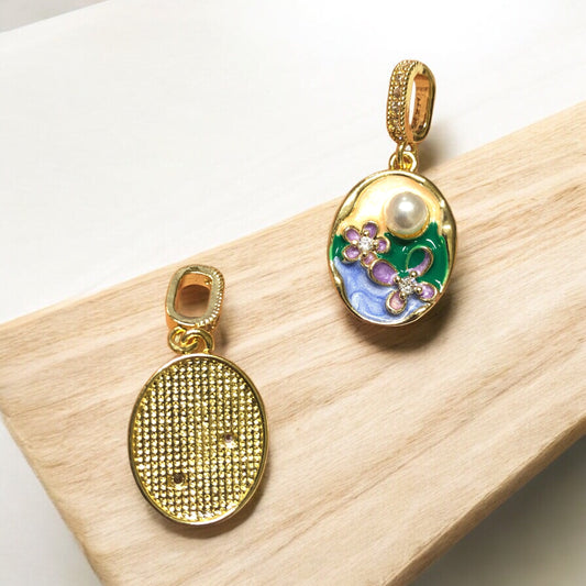 Altın Kaplama Zirkon Taşlı Mineli  İncili Çiçekler Oval