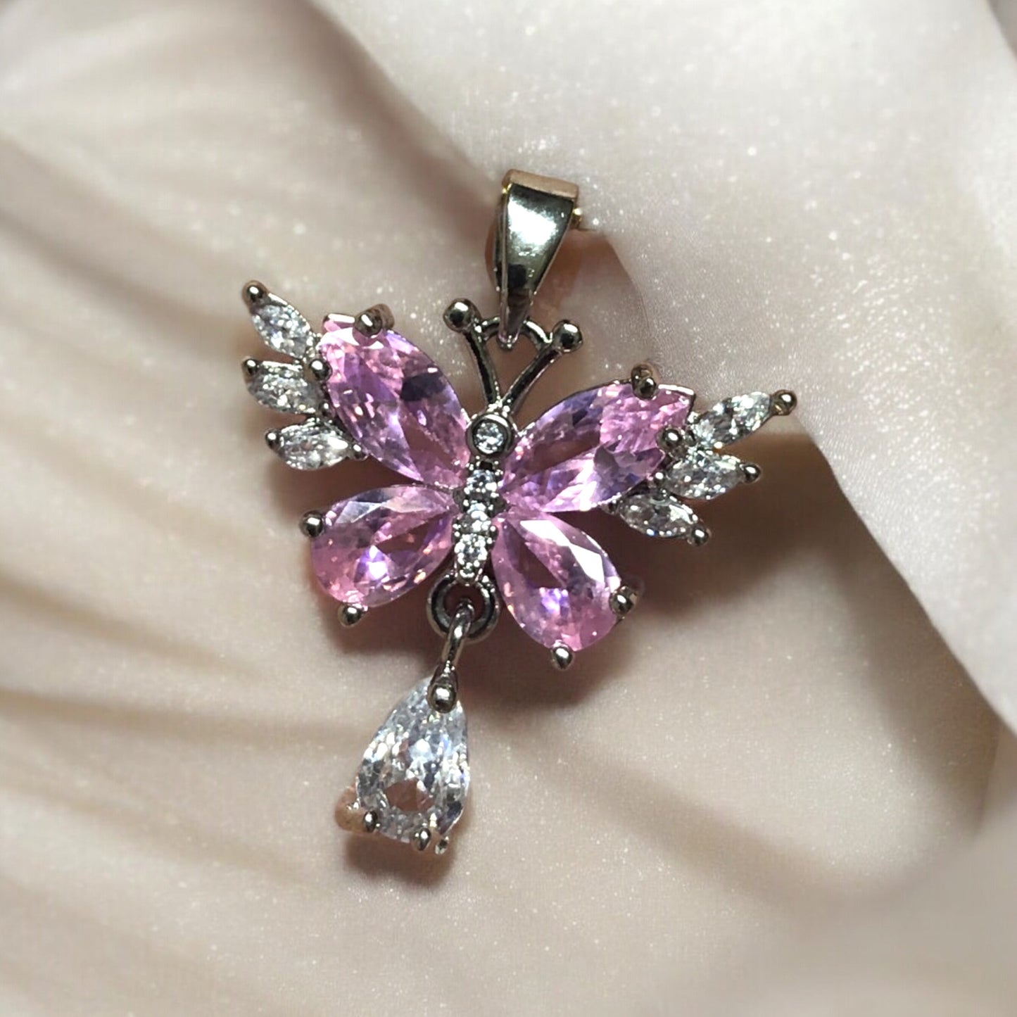Rodyum Kaplama Zirkon Taşlı Kelebek- Pembe