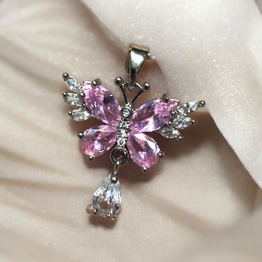 Rodyum Kaplama Zirkon Taşlı Kelebek- Pembe