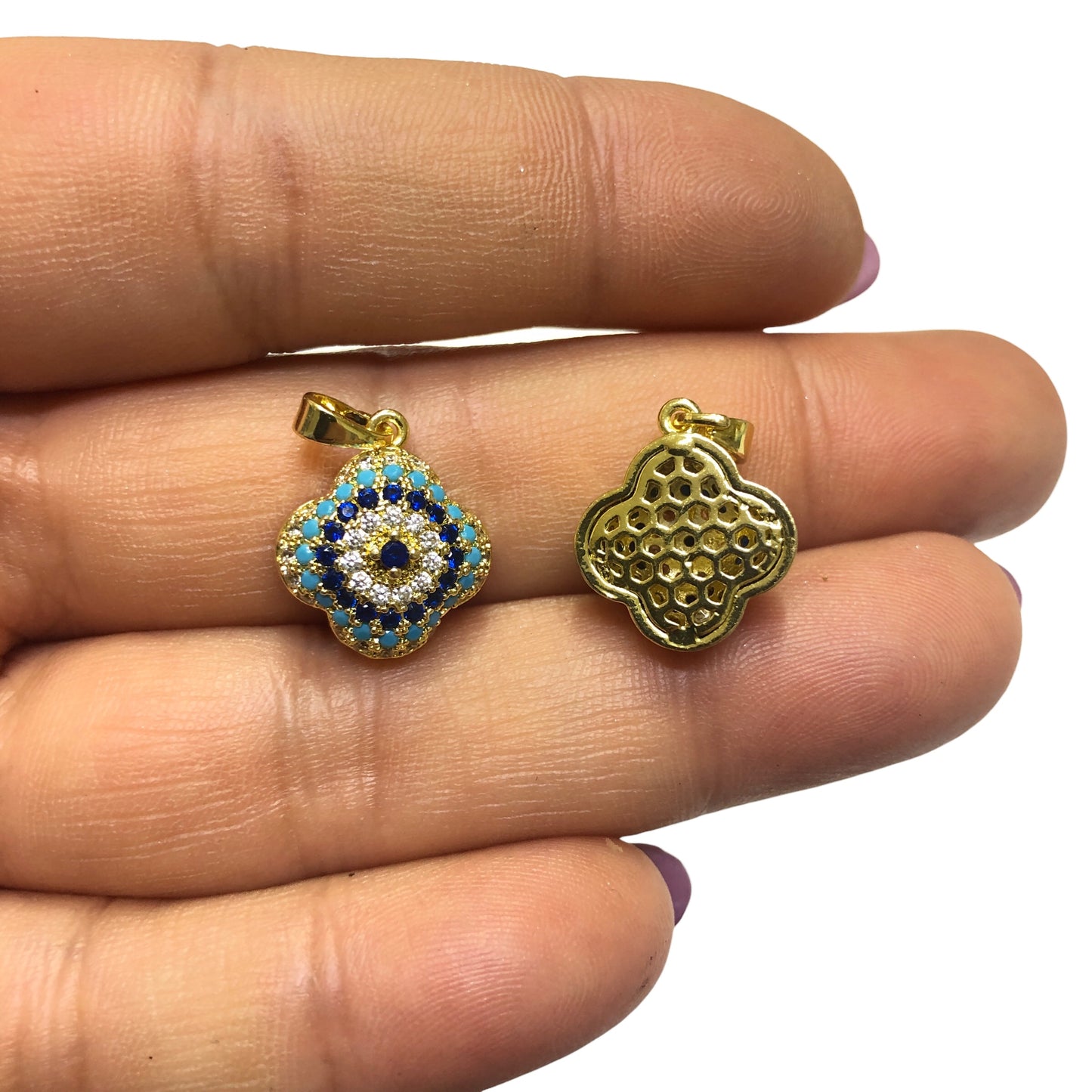 Altın Kaplama  Renkli Zirkon Taşlı Nazar Boncuğu  - Yonca 14mm