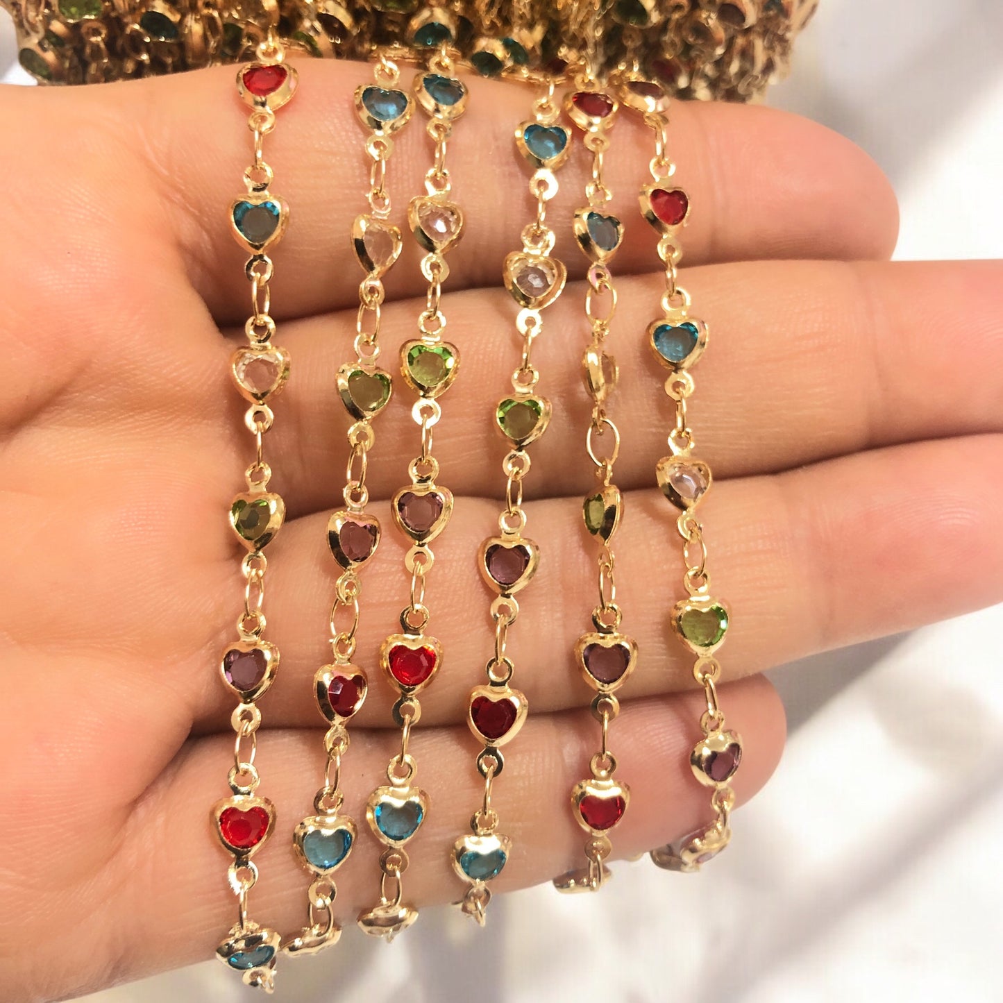 Altın Kaplama Kalp Taşlı Zincir Dik Delikli -Mini  Mix