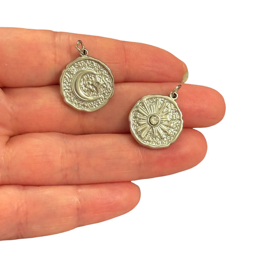 Çelik Zirkon Taşlı Çift Taraflı Gökyüzü Madalyon  Kolye Ucu