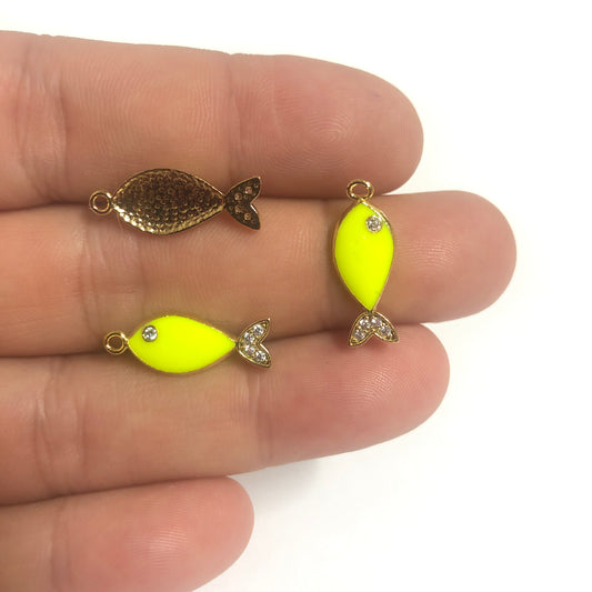 Gold Plated Enameled Zircon Stone Fish Shaker - Neon Green