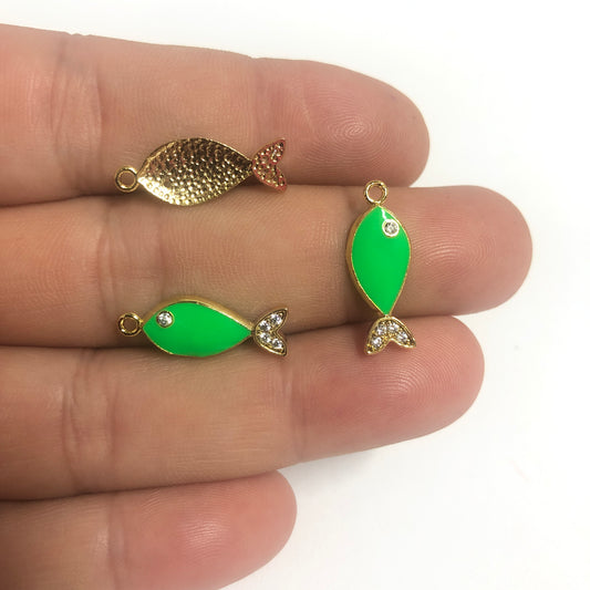 Gold Plated Enameled Zircon Stone Fish Shaker - Neon Green