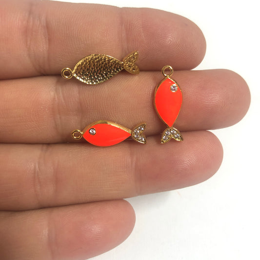 Gold Plated Enameled Zircon Stone Fish Shaker - Neon Green