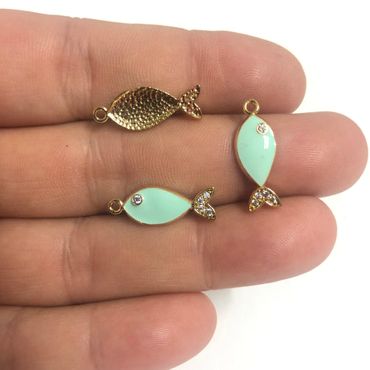 Gold Plated Enameled Zircon Stone Fish Shaker - Neon Green