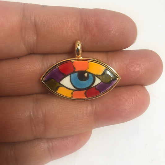 Large Gold Plated Framed Hand Painted Ceramic Eye Pendant-002