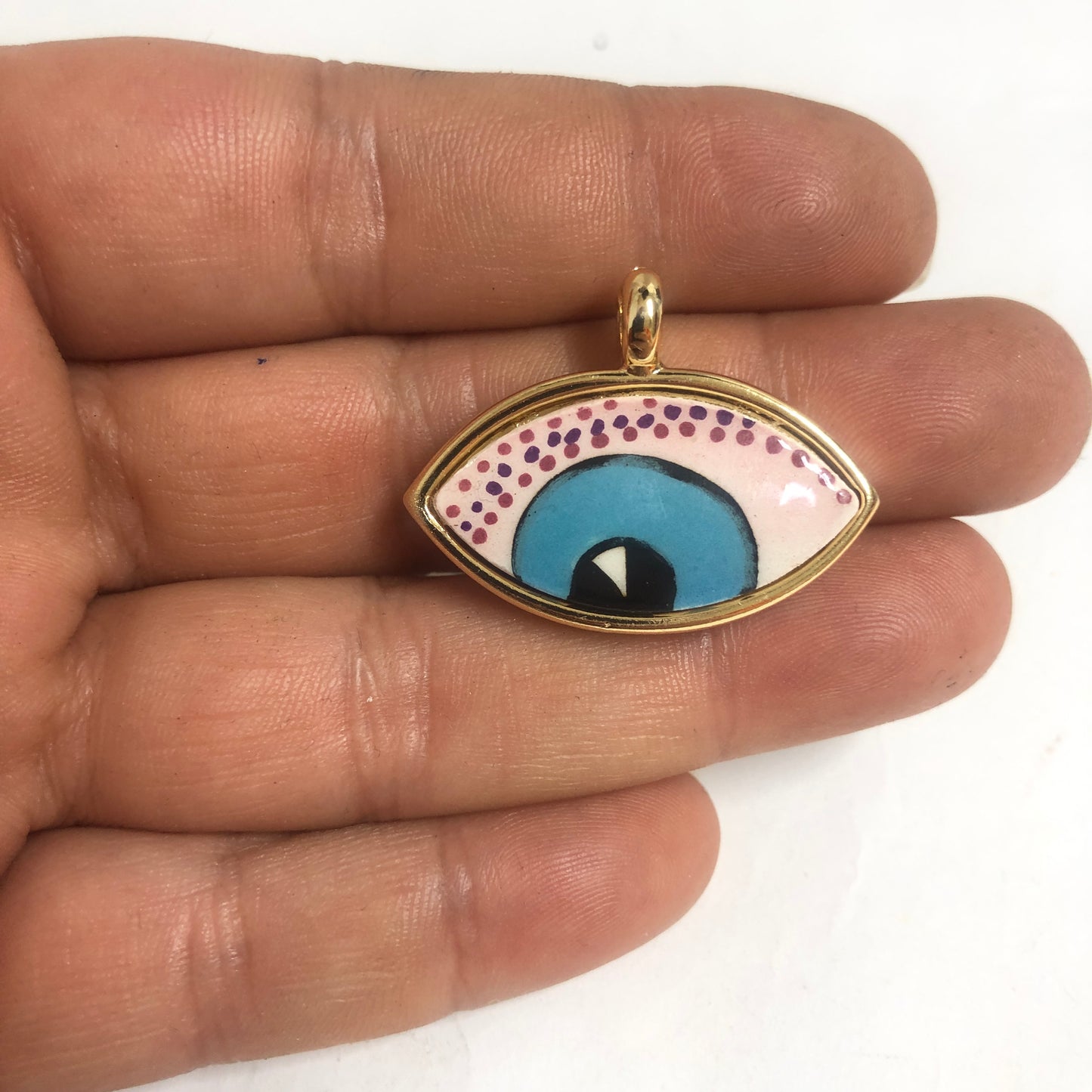 Large Gold Plated Framed Hand Painted Ceramic Eye Pendant-010