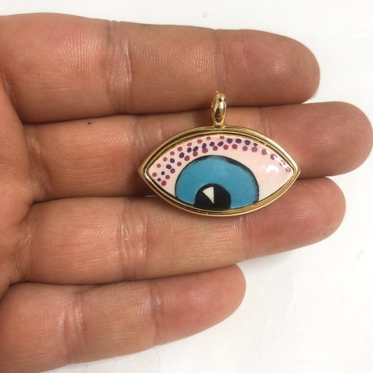 Large Gold Plated Framed Hand Painted Ceramic Eye Pendant-010