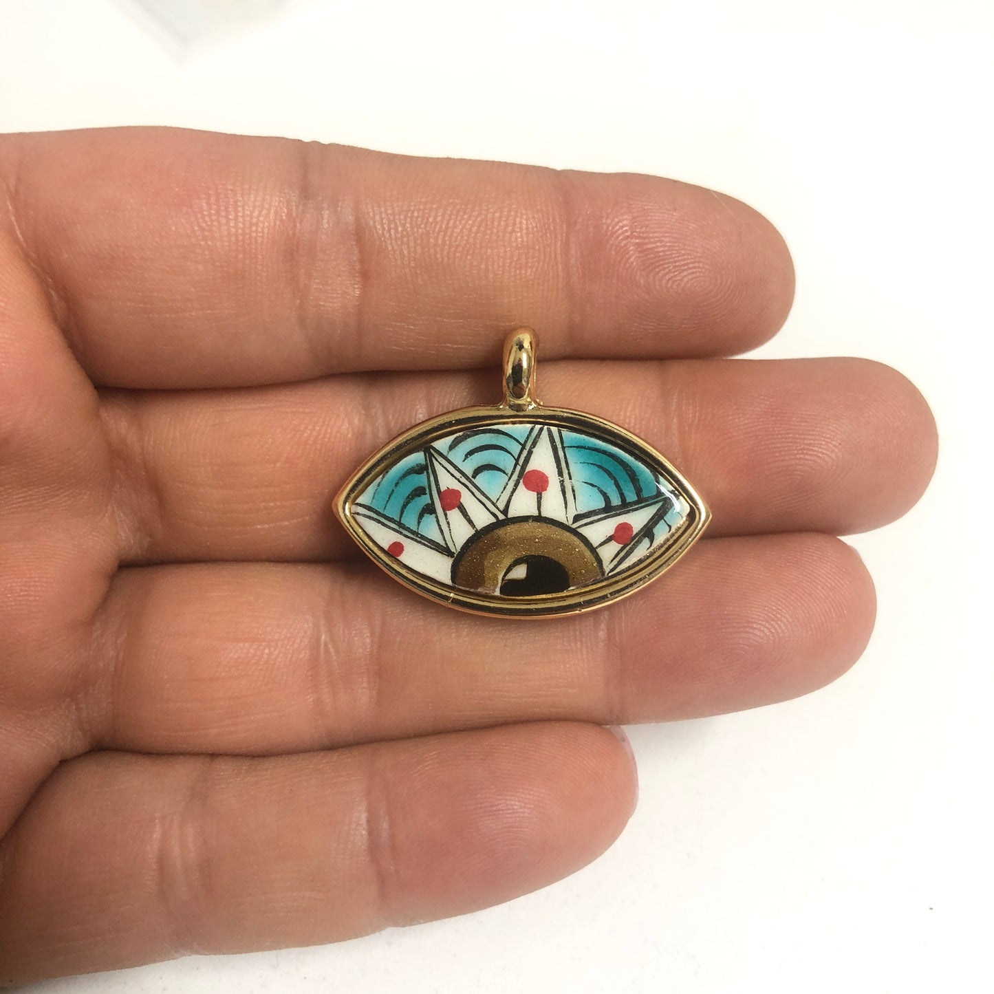 Gold Plated Framed Hand Painted Ceramic Eye Pendant-5