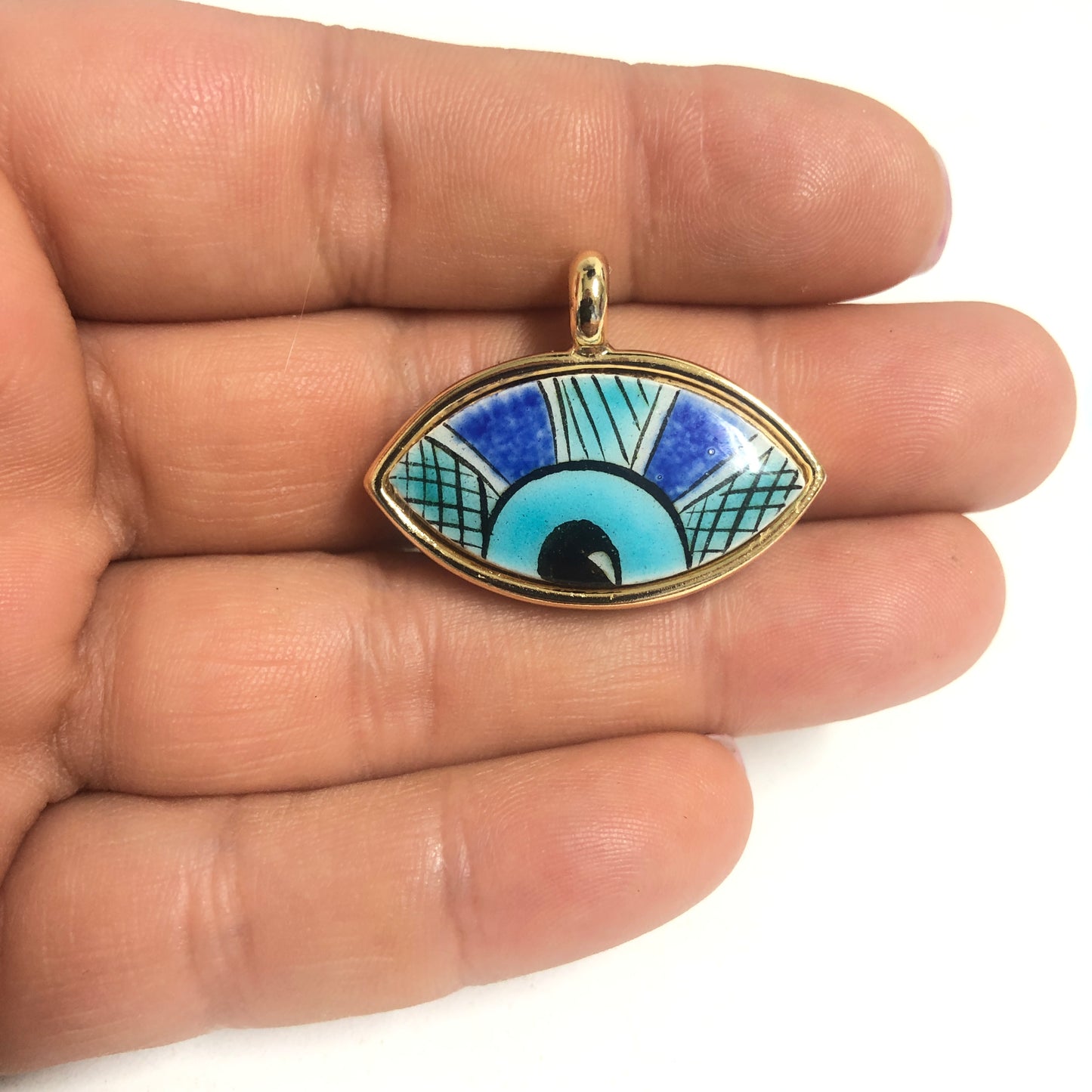 Gold Plated Framed Hand Painted Ceramic Eye Pendant-5