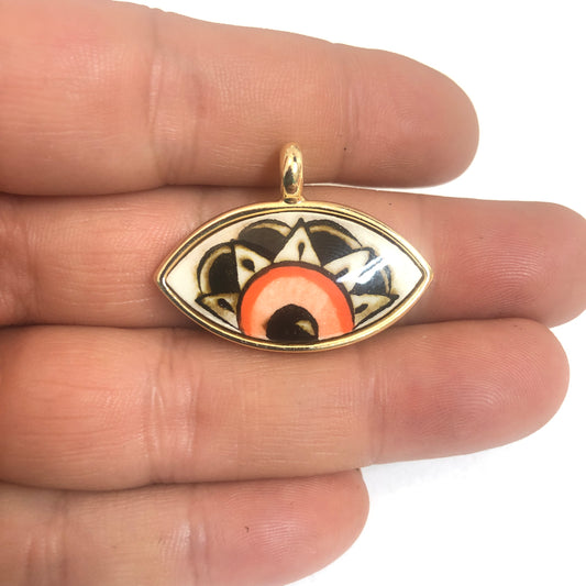 Large Gold Plated Framed Hand Painted Ceramic Eye Pendant-011