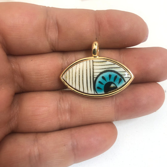 Large Gold Plated Framed Hand Painted Ceramic Eye Pendant-014