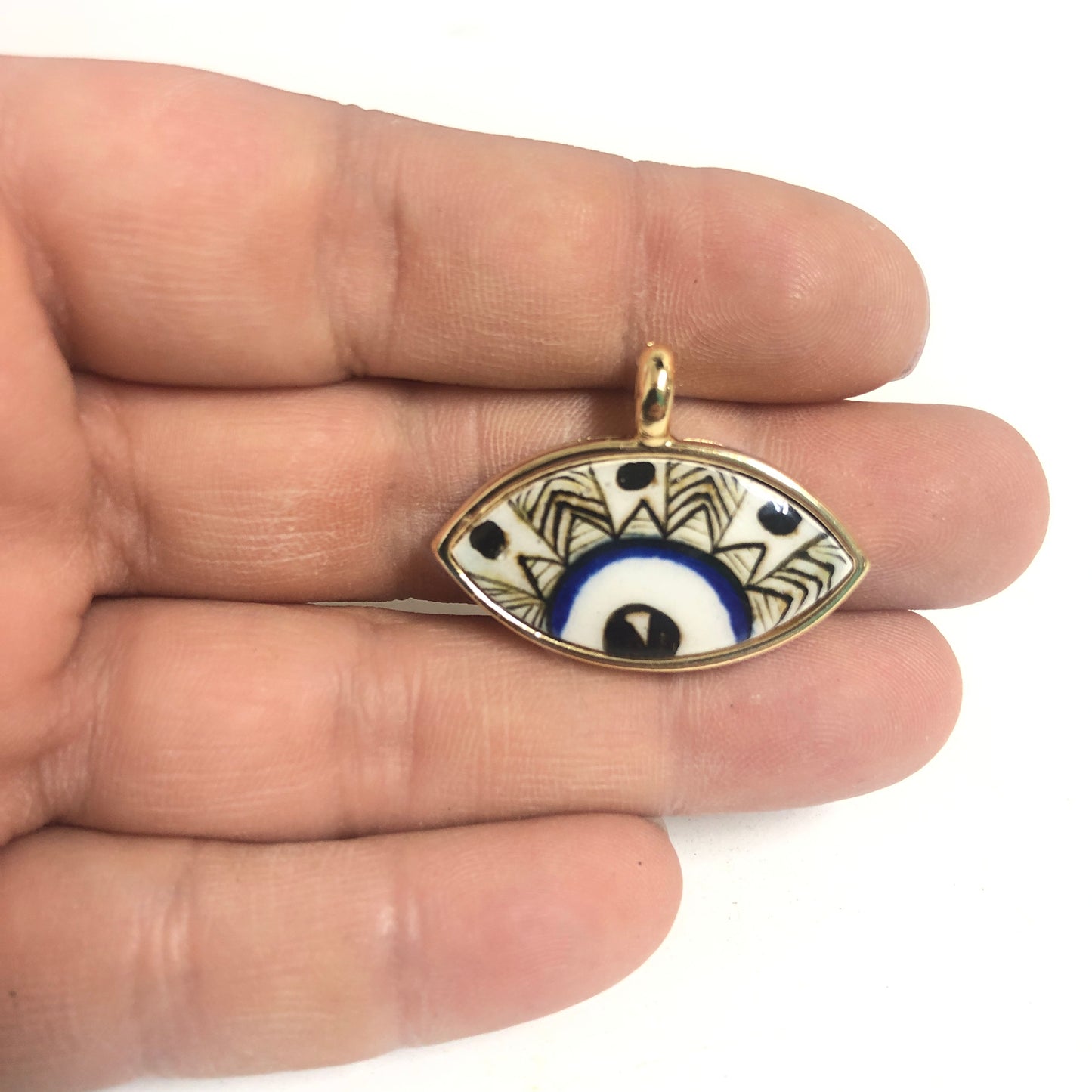 Large Gold Plated Framed Hand Painted Ceramic Eye Pendant-016