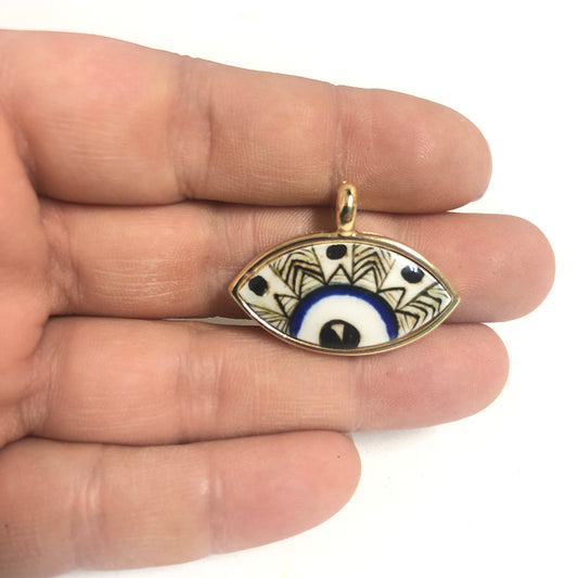 Large Gold Plated Framed Hand Painted Ceramic Eye Pendant-016