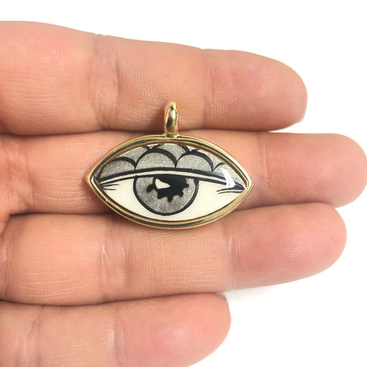 Gold Plated Framed Hand Painted Ceramic 25x24mm Eye Pendant-030