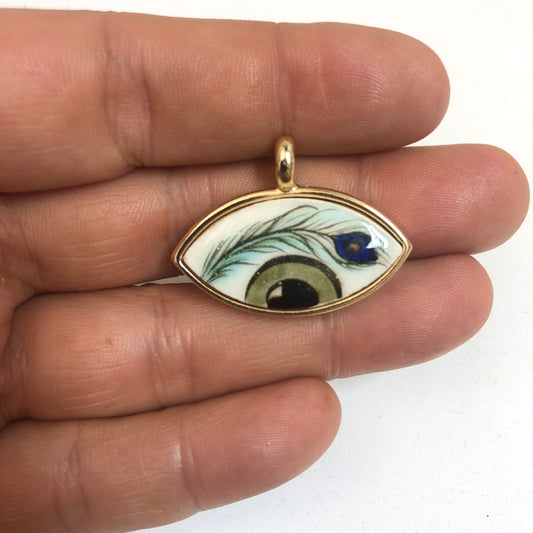 Gold Plated Framed Hand Painted Ceramic Eye Pendant-5