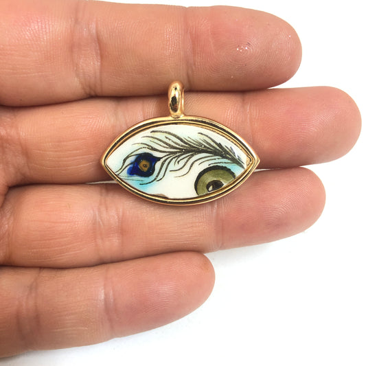 Gold Plated Framed Hand Painted Ceramic Eye Pendant-5