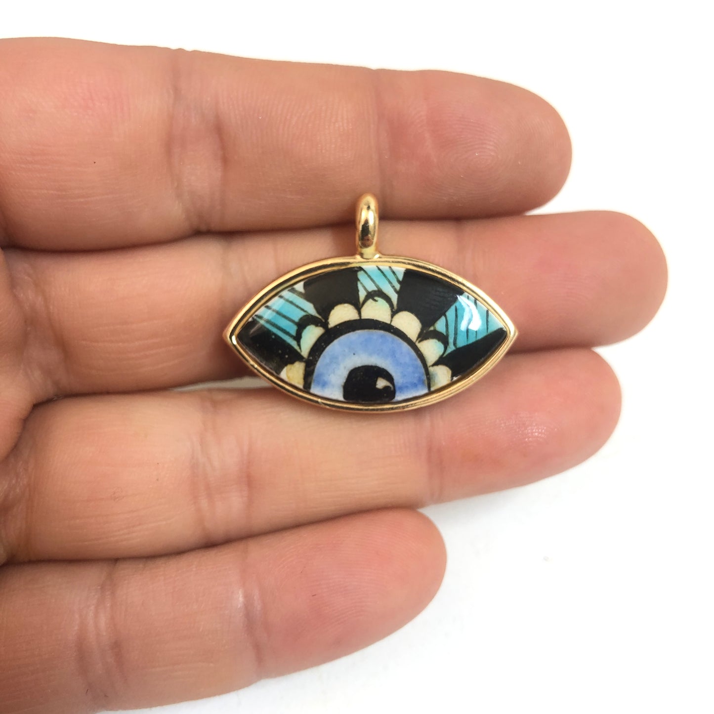 Gold Plated Framed Hand Painted Ceramic Eye Pendant-5