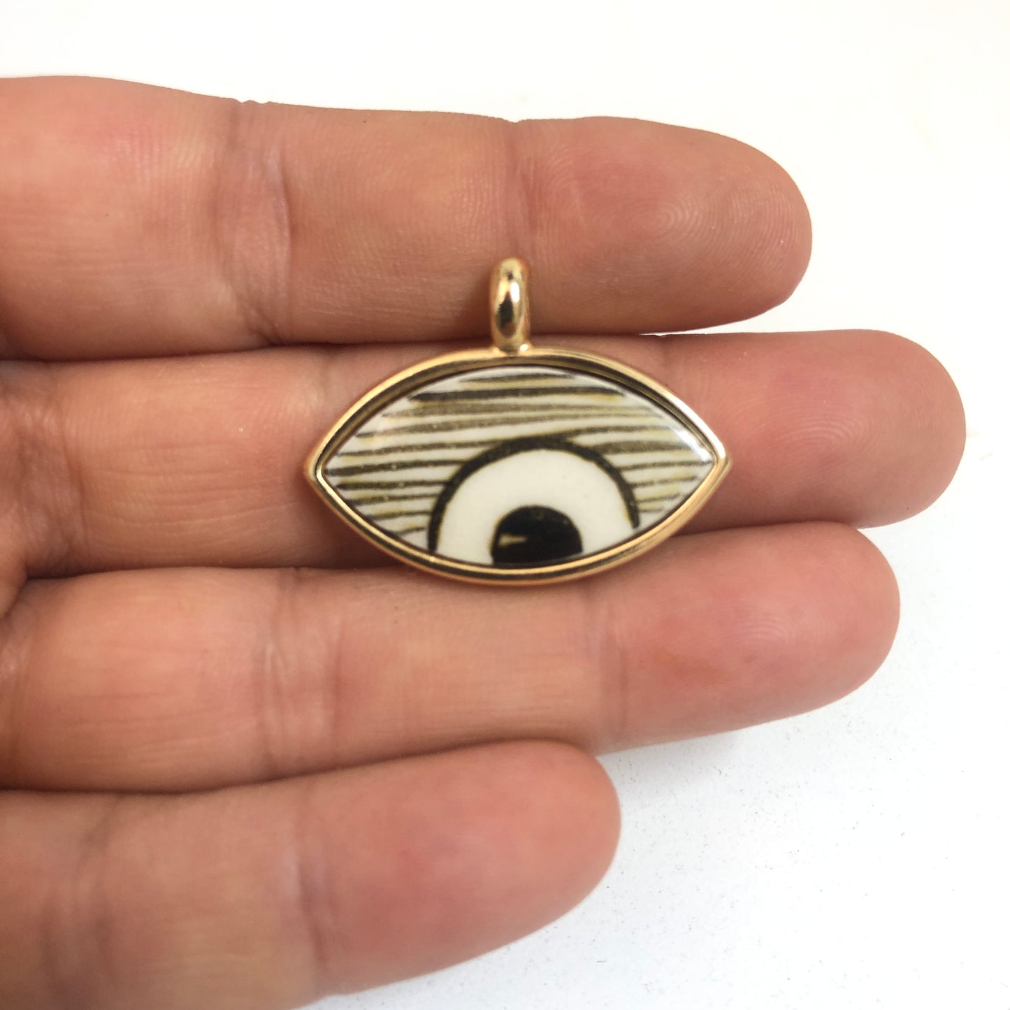 Gold Plated Framed Hand Painted Ceramic Eye Pendant-5