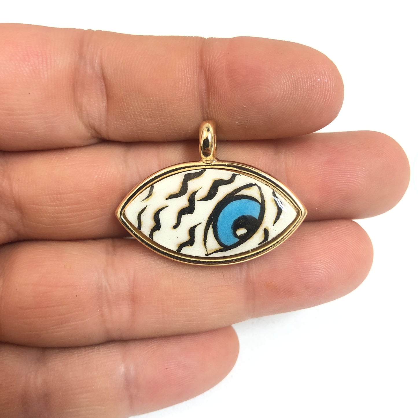 Gold Plated Framed Hand Painted Ceramic Eye Pendant-5